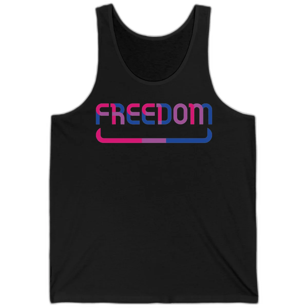 Freedom On Pride design: Bold magenta and purple 'FREEDOM' text with curved gradient underline transitioning from pink through purple to blue in Black