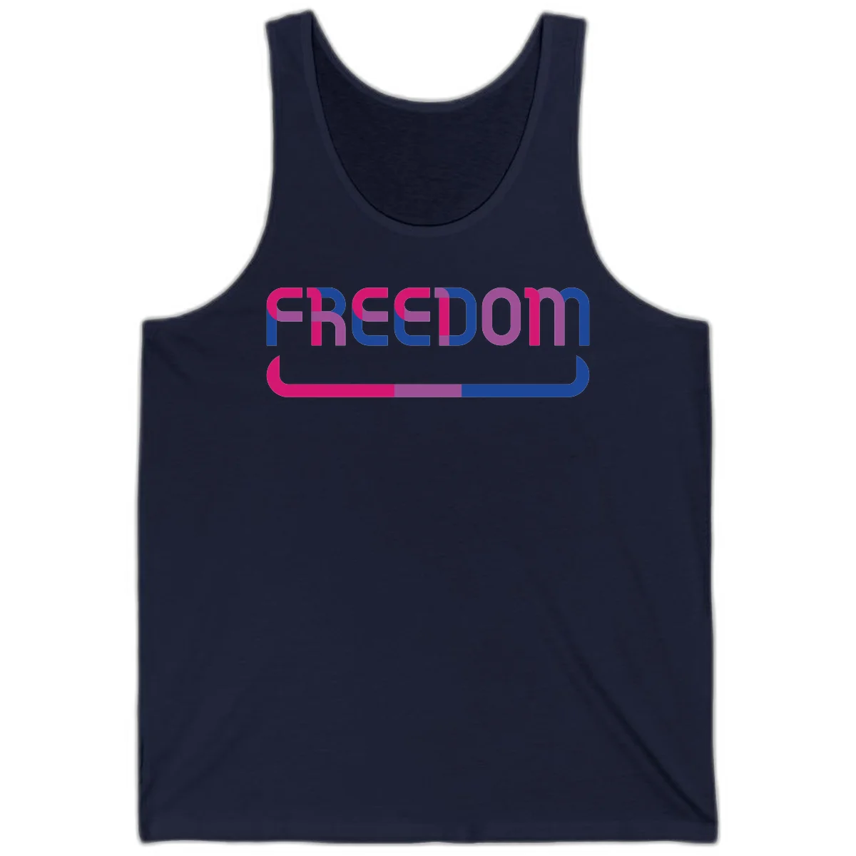 Freedom On Pride design: Bold magenta and purple 'FREEDOM' text with curved gradient underline transitioning from pink through purple to blue in Navy
