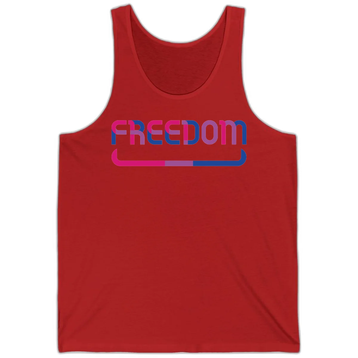 Freedom On Pride design: Bold magenta and purple 'FREEDOM' text with curved gradient underline transitioning from pink through purple to blue in Red