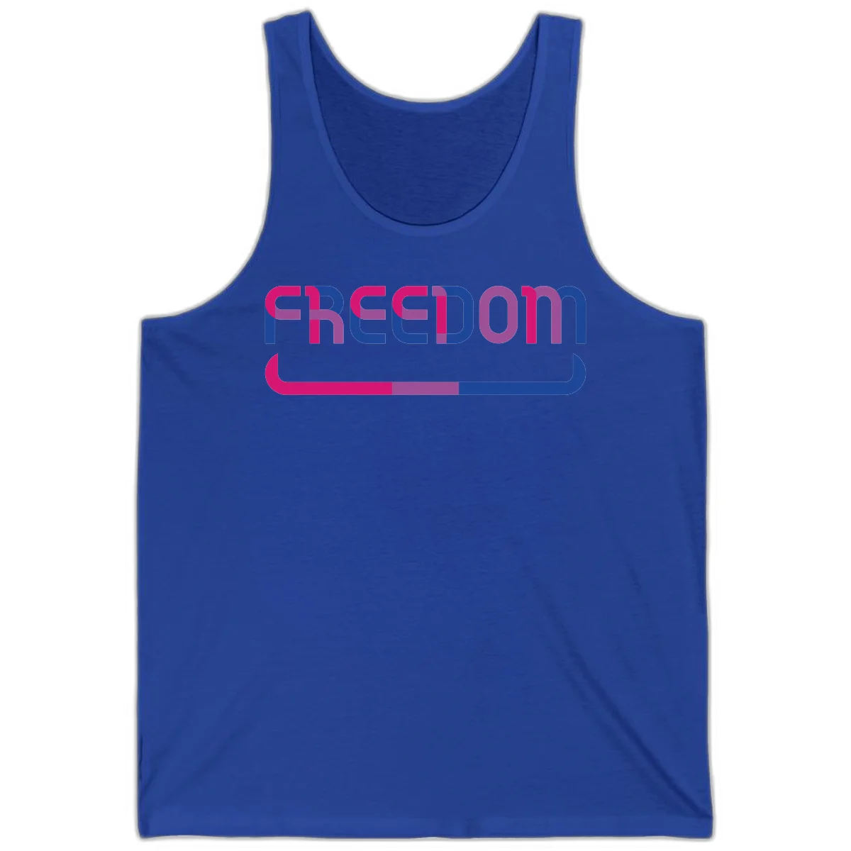 Freedom On Pride design: Bold magenta and purple 'FREEDOM' text with curved gradient underline transitioning from pink through purple to blue in True Royal