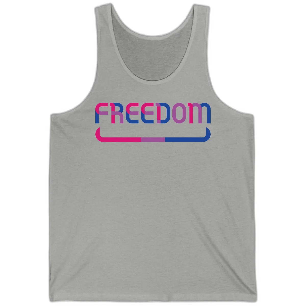 Freedom On Pride design: Bold magenta and purple 'FREEDOM' text with curved gradient underline transitioning from pink through purple to blue in Athletic Heather