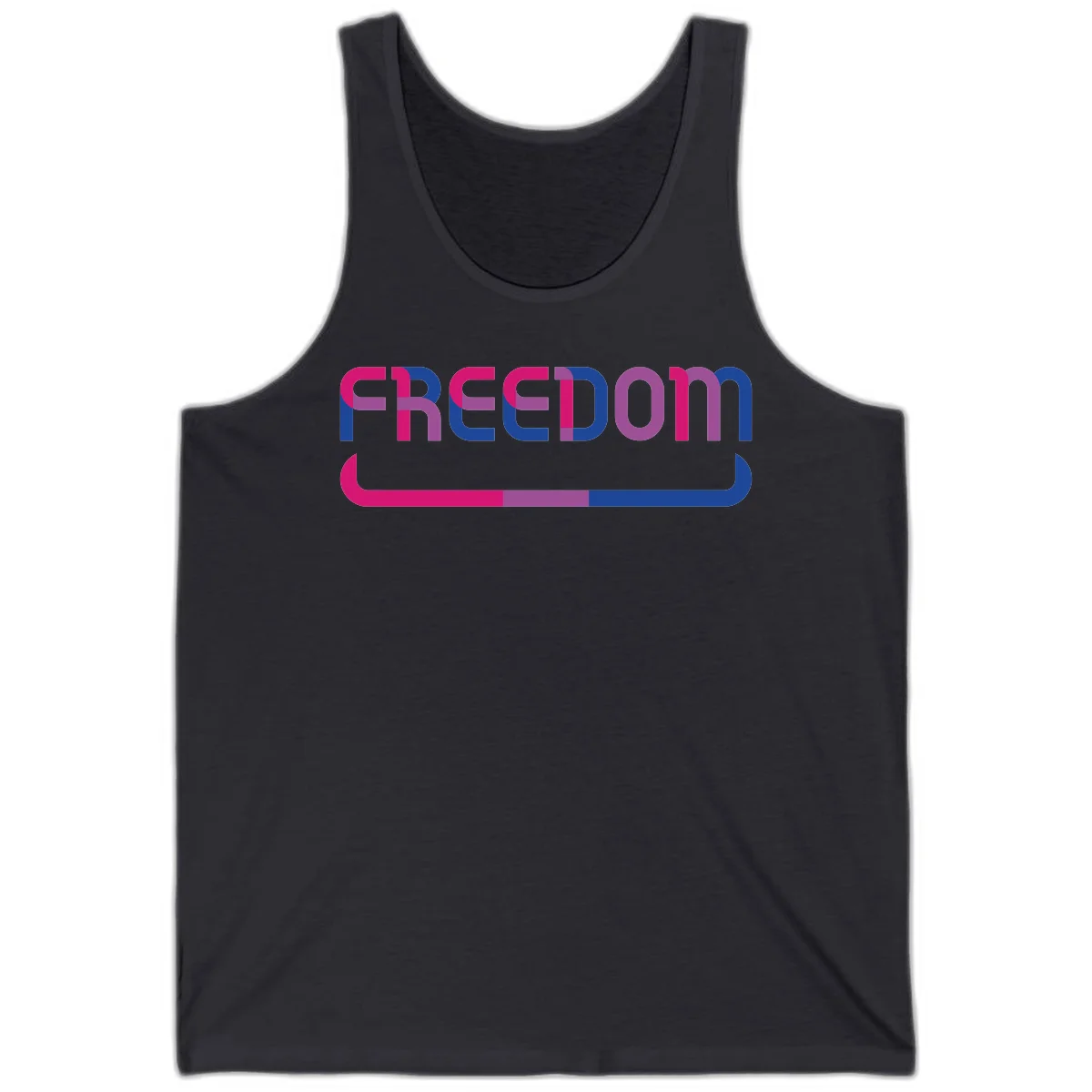 Freedom On Pride design: Bold magenta and purple 'FREEDOM' text with curved gradient underline transitioning from pink through purple to blue in Dark Grey