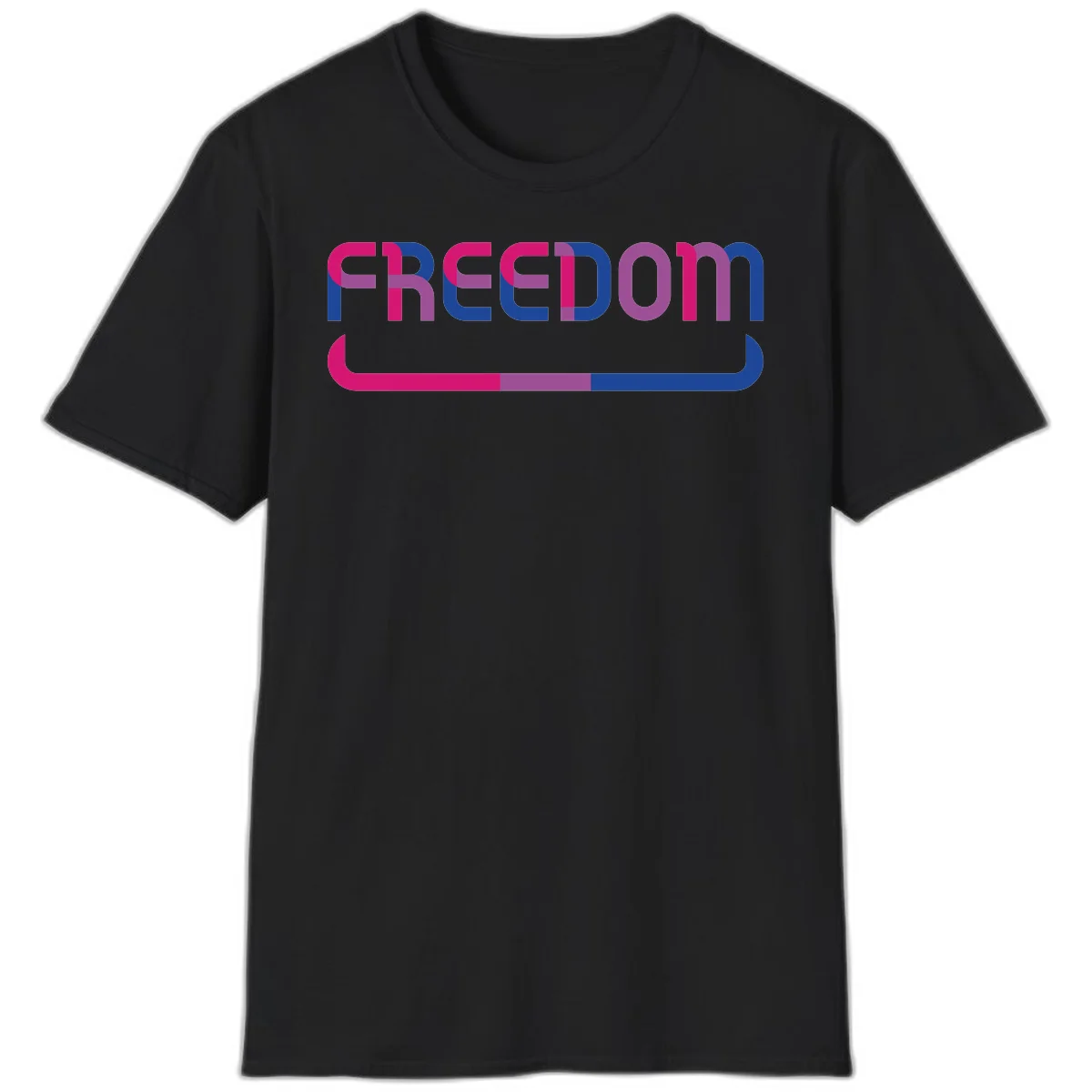 Freedom On Pride design: Bold magenta and purple 'FREEDOM' text with curved gradient underline transitioning from pink through purple to blue in Black