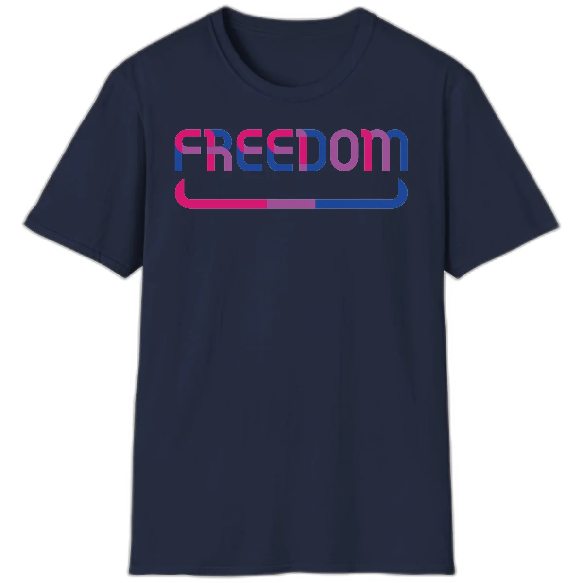 Freedom On Pride design: Bold magenta and purple 'FREEDOM' text with curved gradient underline transitioning from pink through purple to blue in Navy