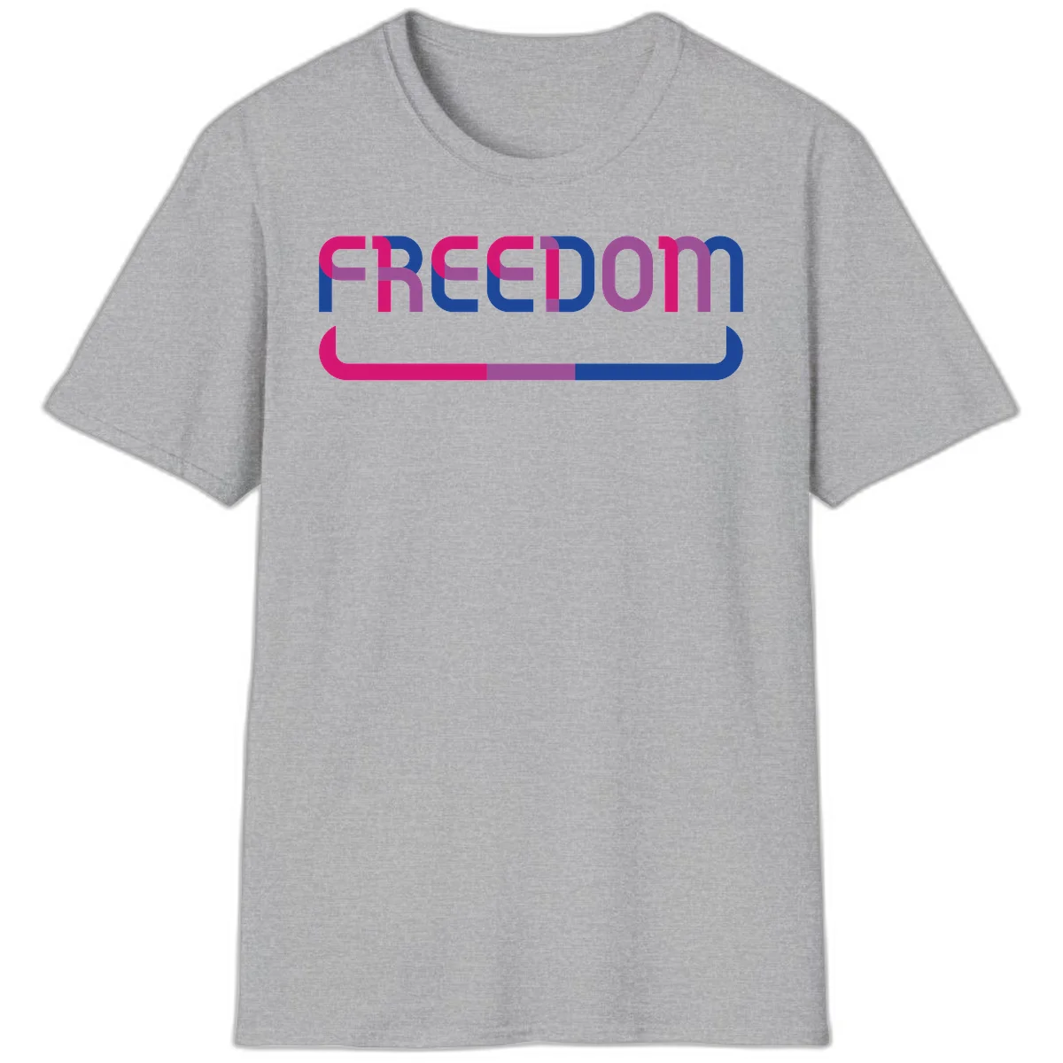 Freedom On Pride design: Bold magenta and purple 'FREEDOM' text with curved gradient underline transitioning from pink through purple to blue in Sport Grey