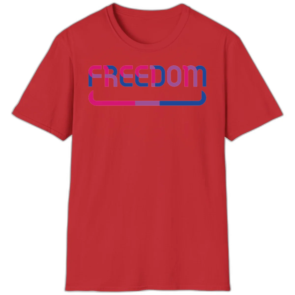 Freedom On Pride design: Bold magenta and purple 'FREEDOM' text with curved gradient underline transitioning from pink through purple to blue in Red