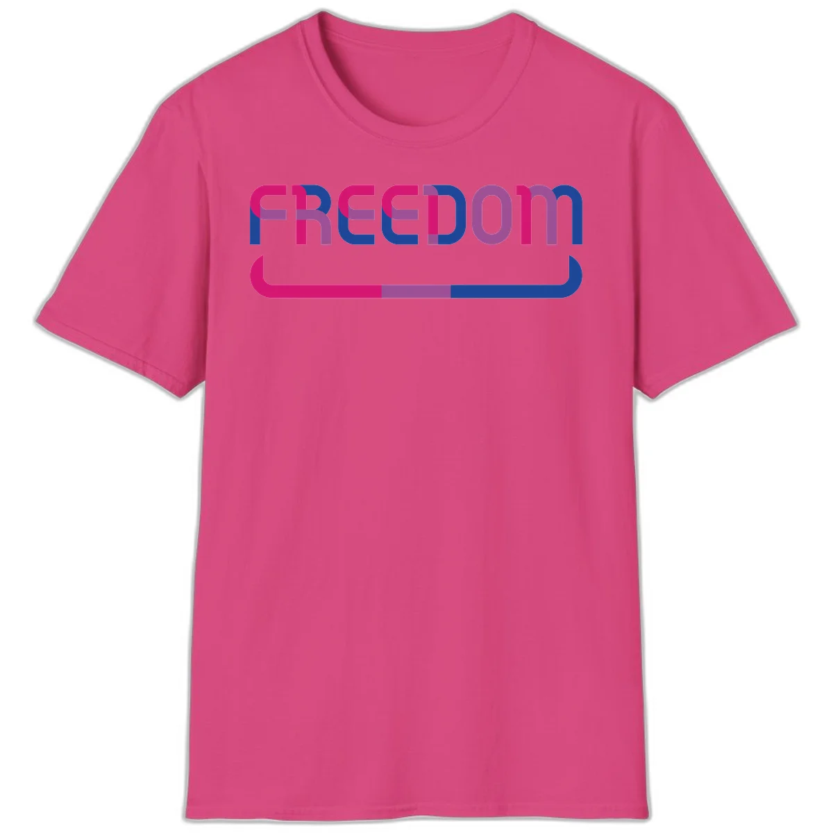 Freedom On Pride design: Bold magenta and purple 'FREEDOM' text with curved gradient underline transitioning from pink through purple to blue in Heliconia