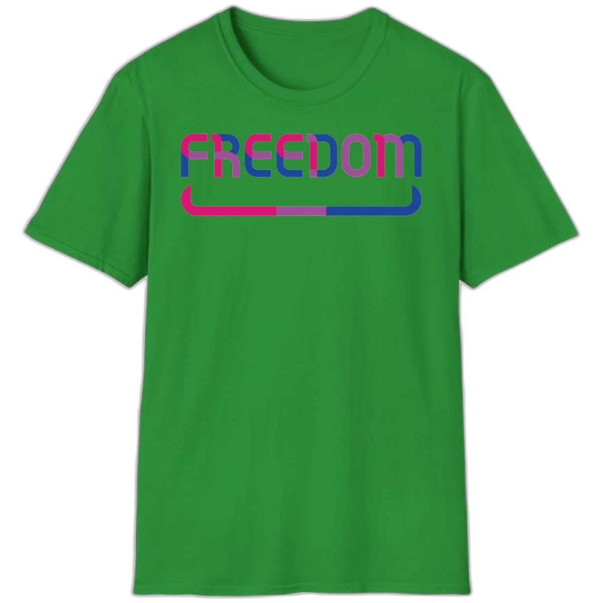 Freedom On Pride design: Bold magenta and purple 'FREEDOM' text with curved gradient underline transitioning from pink through purple to blue in Irish Green