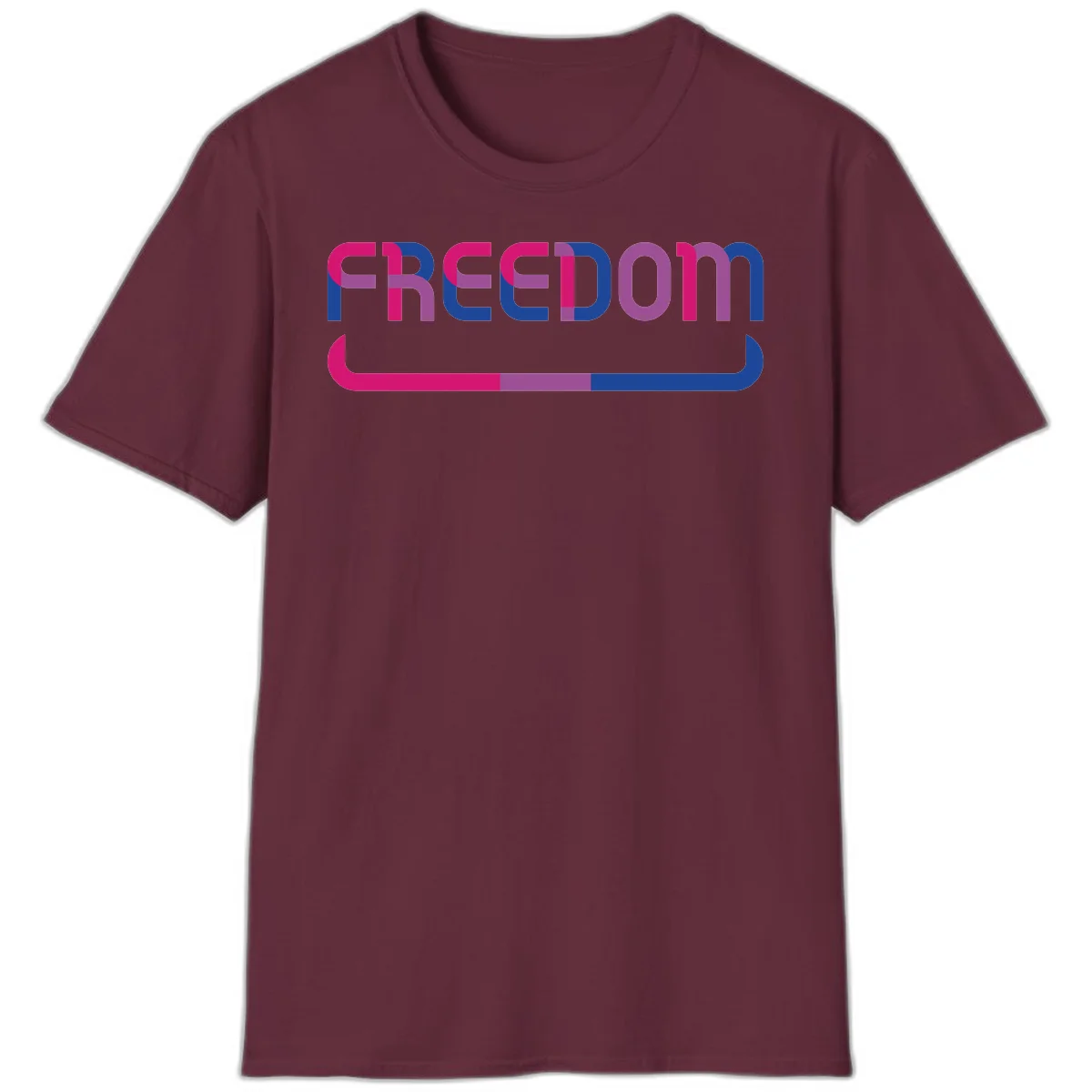 Freedom On Pride design: Bold magenta and purple 'FREEDOM' text with curved gradient underline transitioning from pink through purple to blue in Maroon