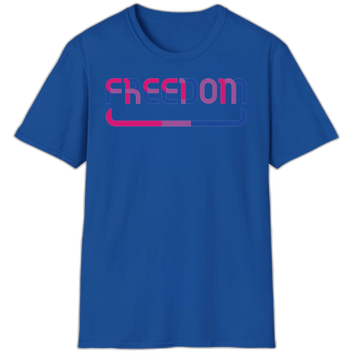 Freedom On Pride design: Bold magenta and purple 'FREEDOM' text with curved gradient underline transitioning from pink through purple to blue in Royal