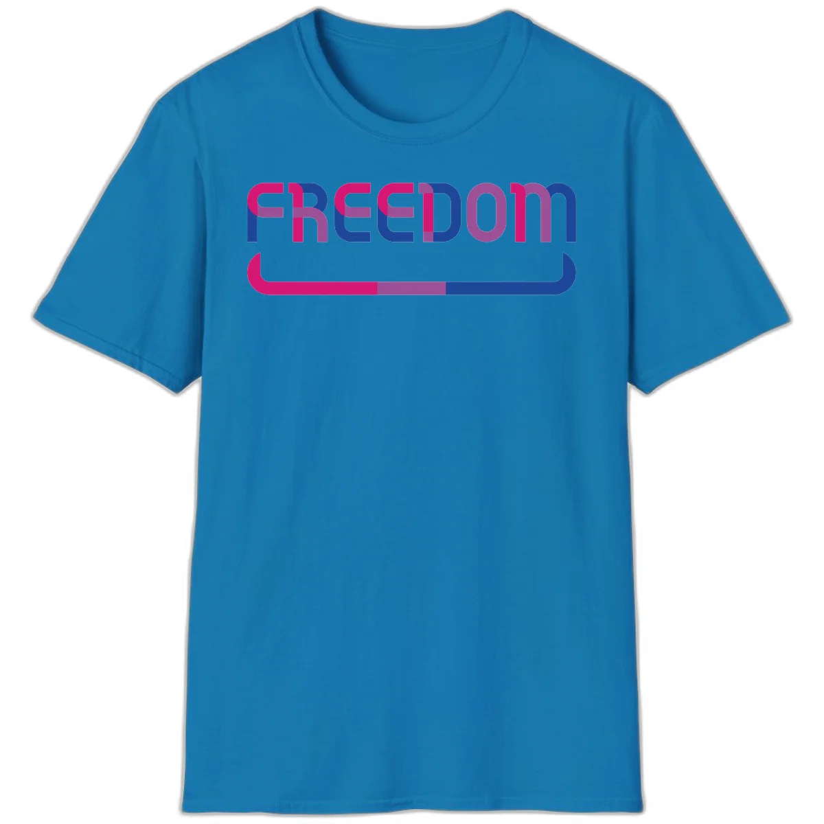 Freedom On Pride design: Bold magenta and purple 'FREEDOM' text with curved gradient underline transitioning from pink through purple to blue in Sapphire