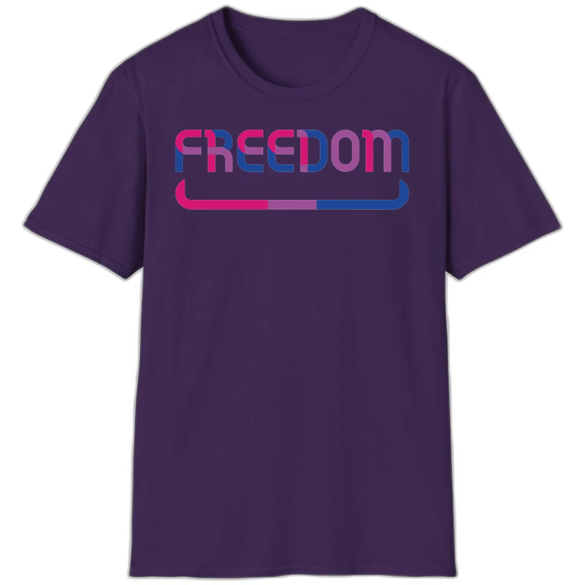 Freedom On Pride design: Bold magenta and purple 'FREEDOM' text with curved gradient underline transitioning from pink through purple to blue in Purple