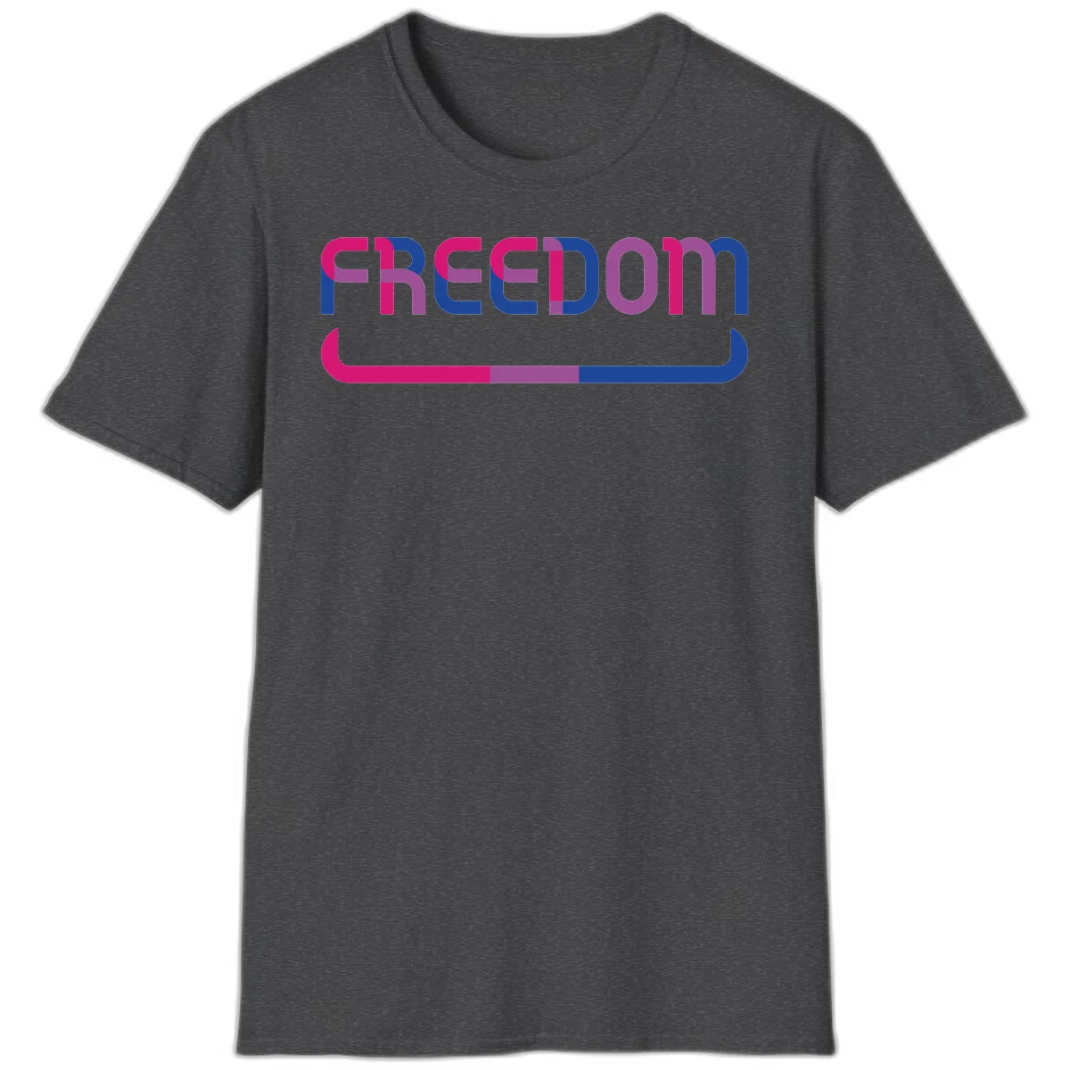 Freedom On Pride design: Bold magenta and purple 'FREEDOM' text with curved gradient underline transitioning from pink through purple to blue in Dark Heather