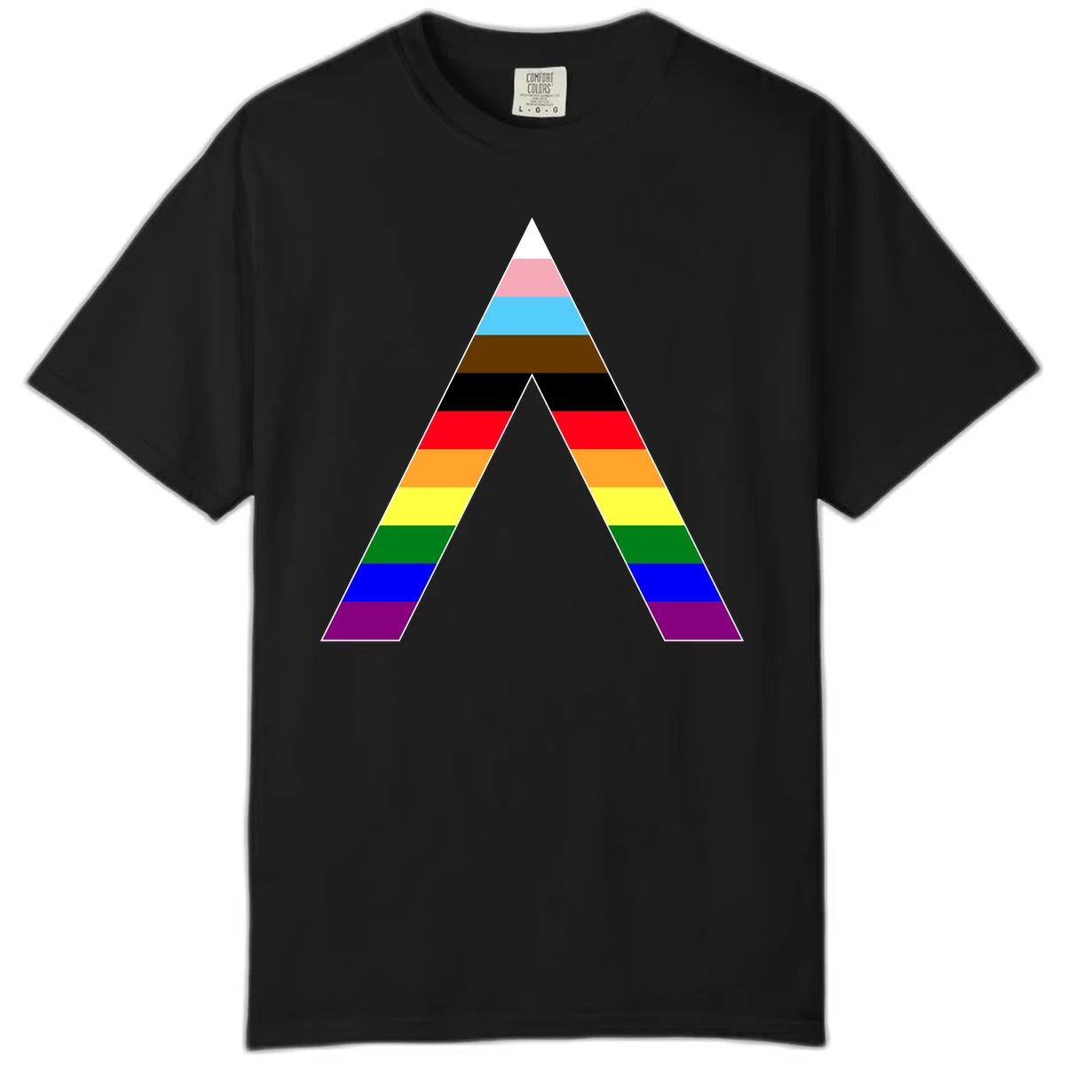 Rainbow pride pyramid with horizontal stripes in traditional pride colors and nested triangle cutout design in Black