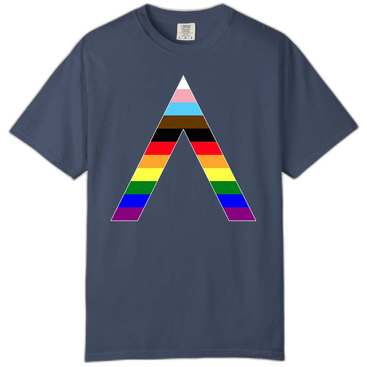 Rainbow pride pyramid with horizontal stripes in traditional pride colors and nested triangle cutout design in Midnight