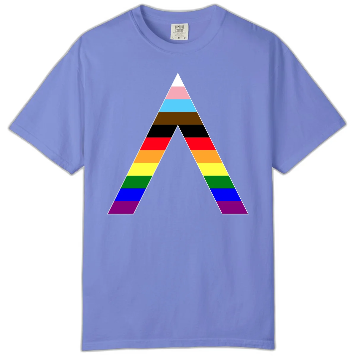 Rainbow pride pyramid with horizontal stripes in traditional pride colors and nested triangle cutout design in Flo Blue