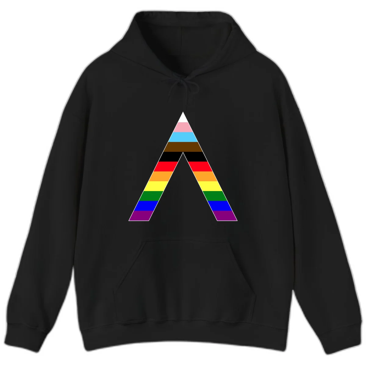 Rainbow pride pyramid with horizontal stripes in traditional pride colors and nested triangle cutout design in Black