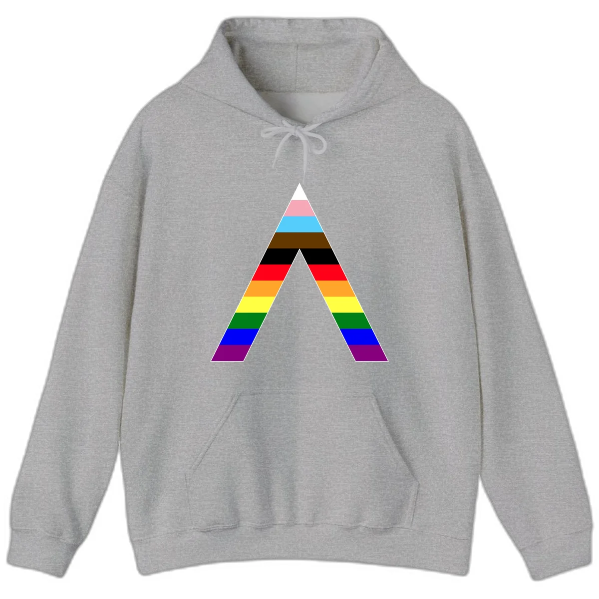 Rainbow pride pyramid with horizontal stripes in traditional pride colors and nested triangle cutout design in Sport Grey