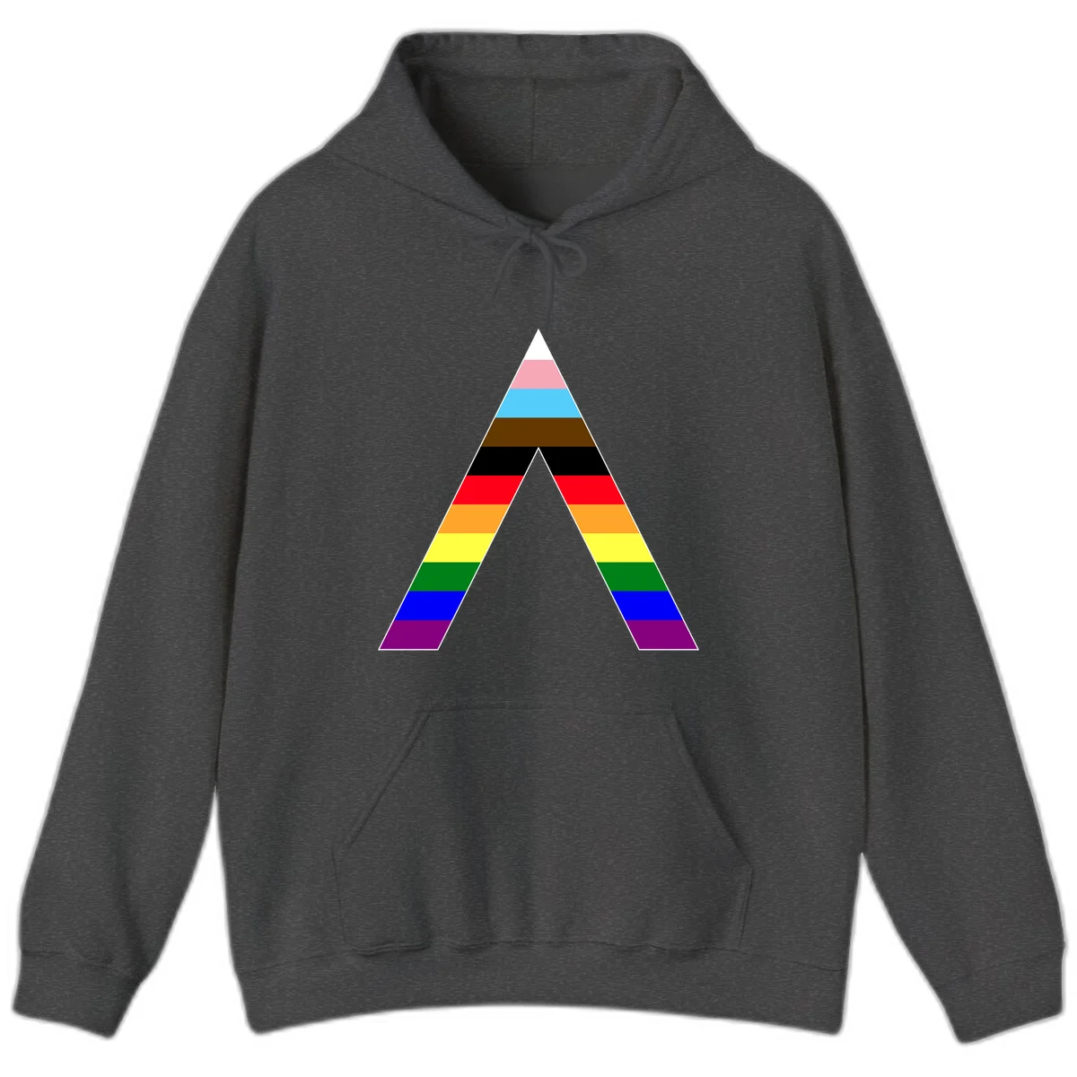 Rainbow pride pyramid with horizontal stripes in traditional pride colors and nested triangle cutout design in Dark Heather