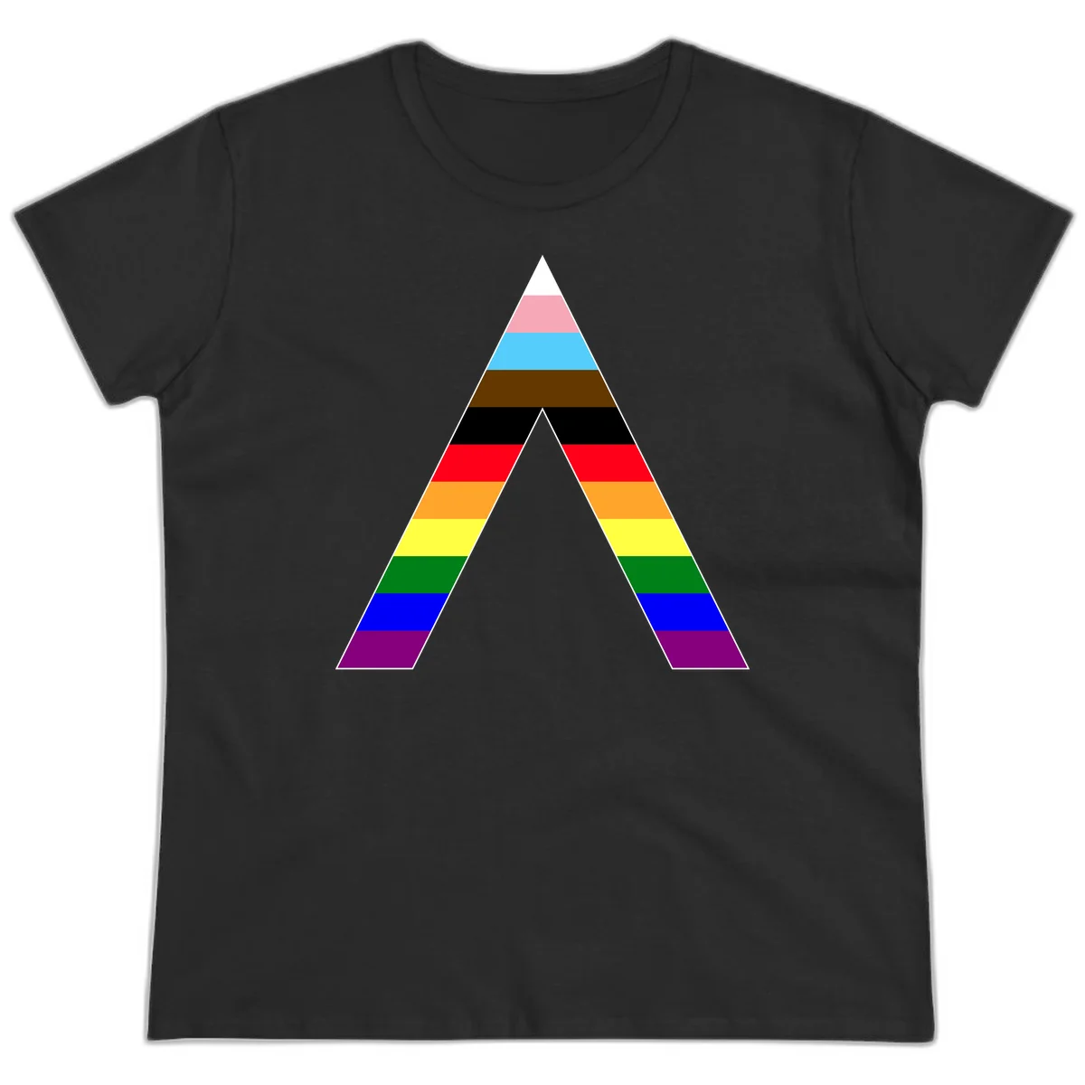 Rainbow pride pyramid with horizontal stripes in traditional pride colors and nested triangle cutout design in Black