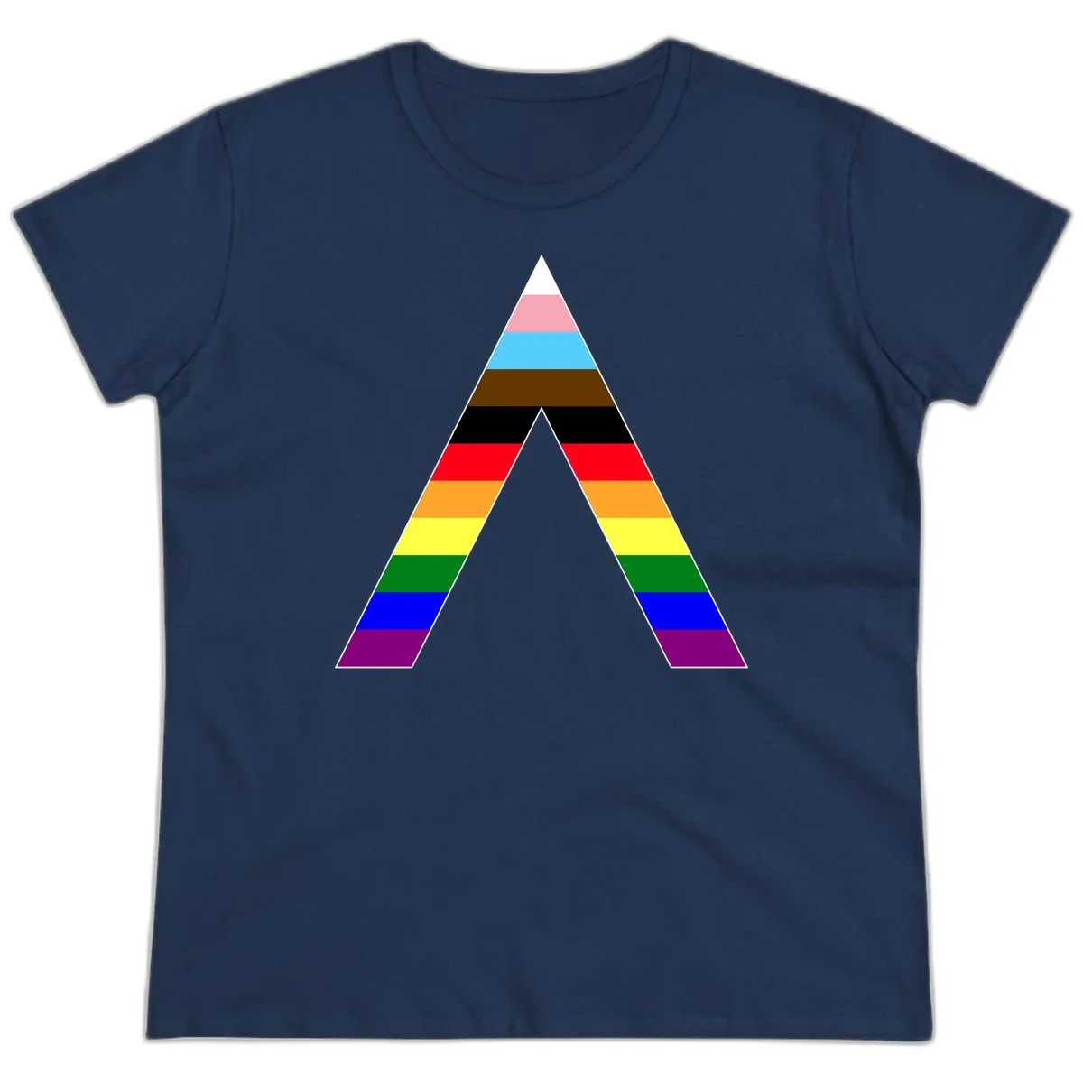 Rainbow pride pyramid with horizontal stripes in traditional pride colors and nested triangle cutout design in Navy