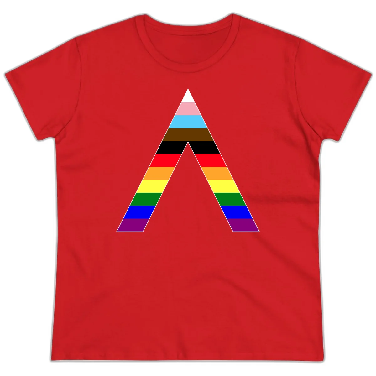 Rainbow pride pyramid with horizontal stripes in traditional pride colors and nested triangle cutout design in Red