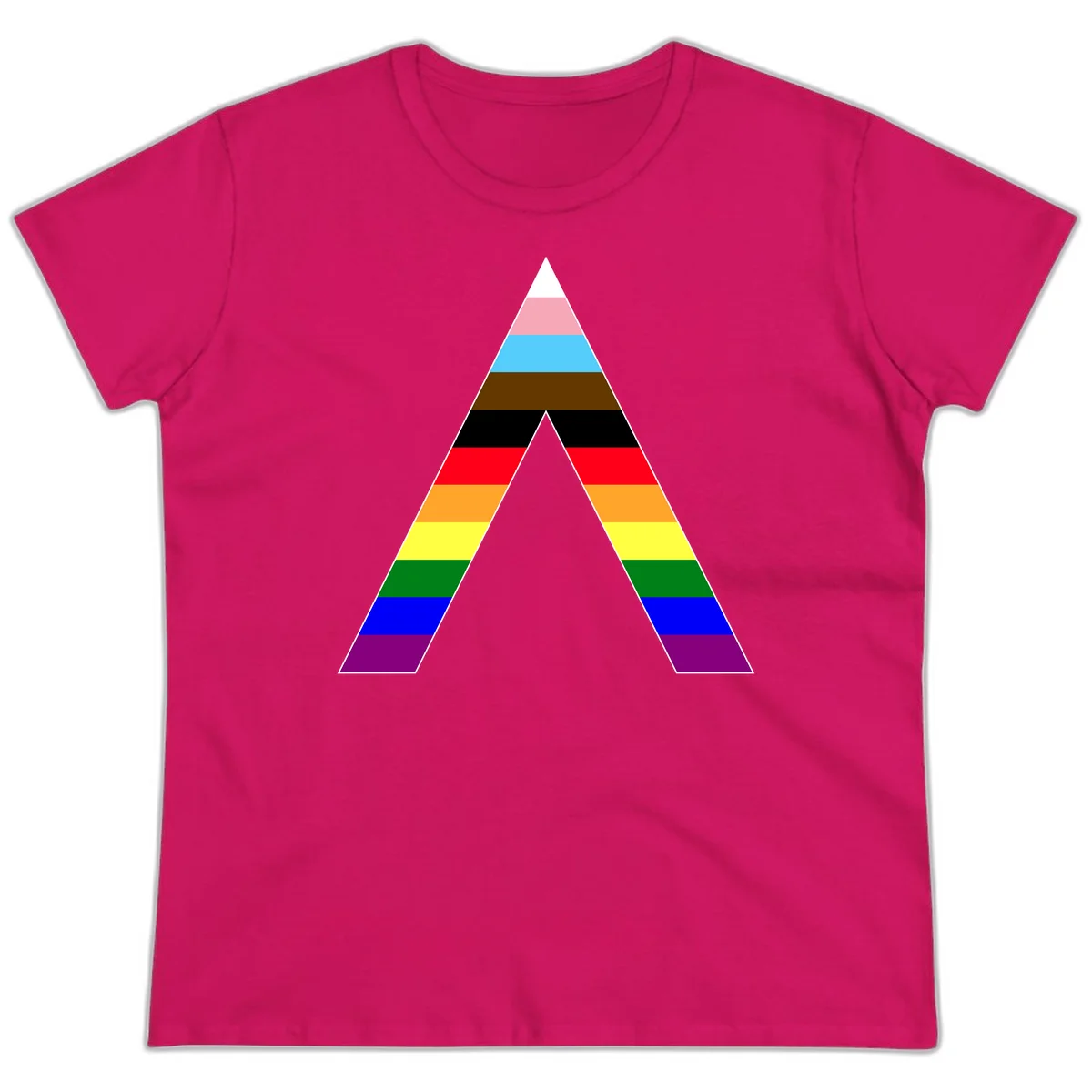Rainbow pride pyramid with horizontal stripes in traditional pride colors and nested triangle cutout design in Heliconia