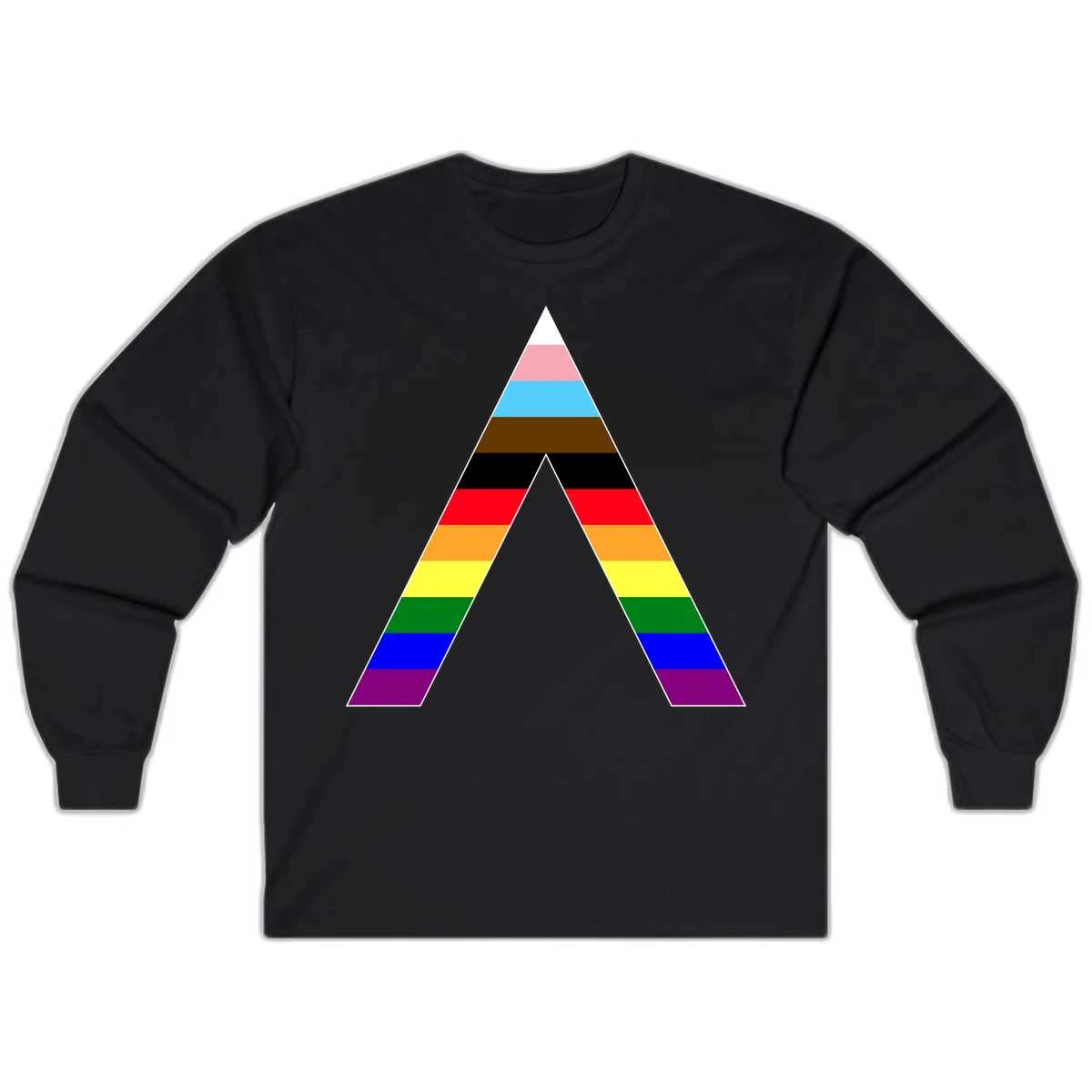 Rainbow pride pyramid with horizontal stripes in traditional pride colors and nested triangle cutout design in Black