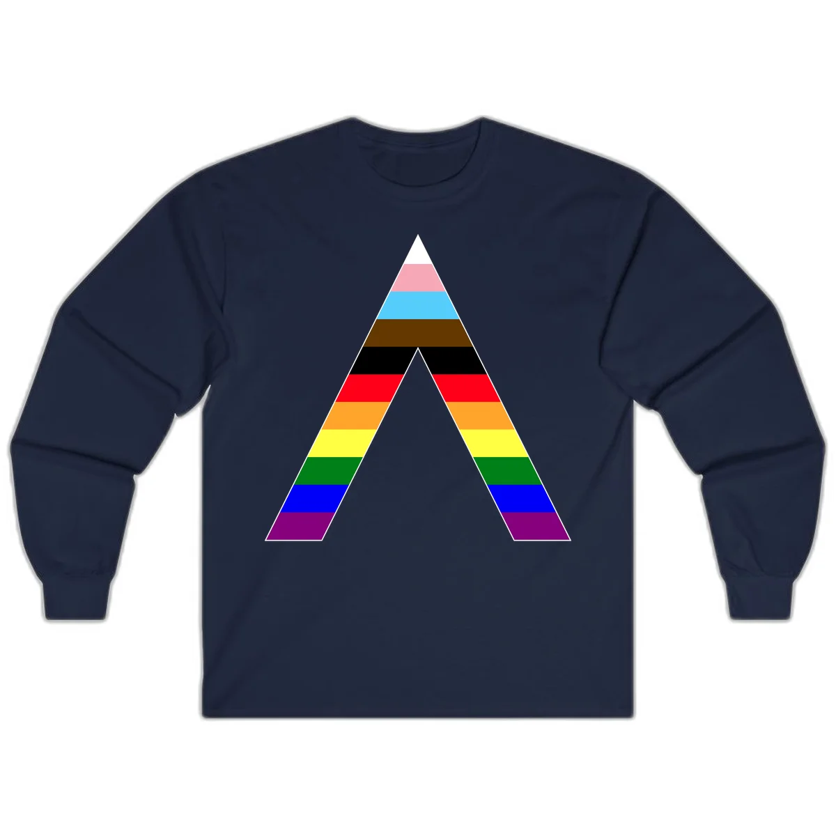 Rainbow pride pyramid with horizontal stripes in traditional pride colors and nested triangle cutout design in Navy