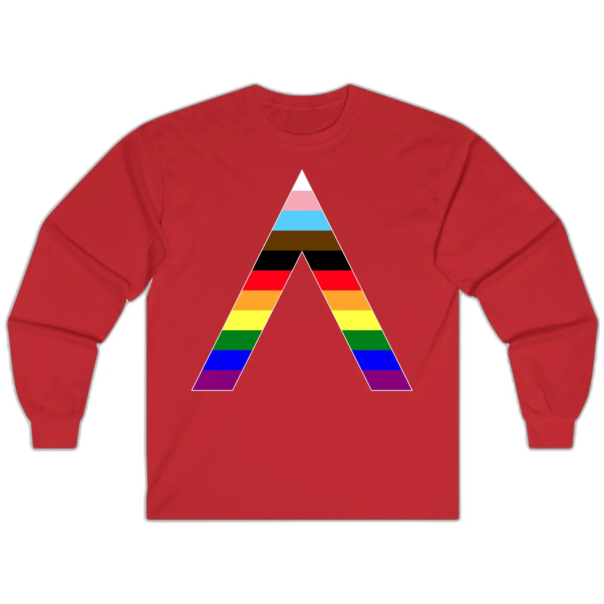 Rainbow pride pyramid with horizontal stripes in traditional pride colors and nested triangle cutout design in Red