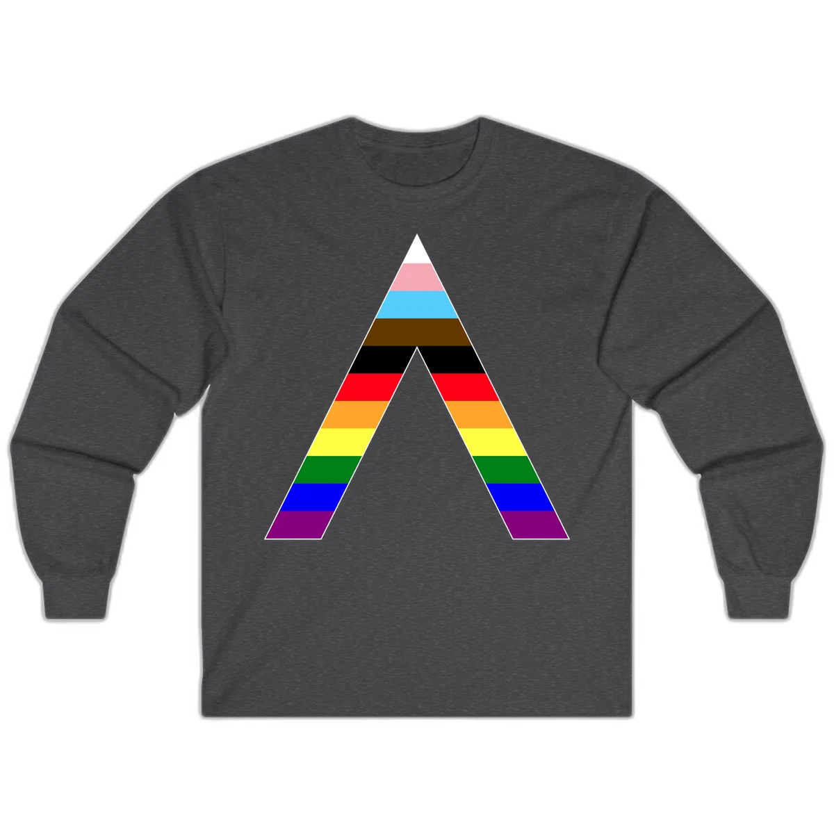 Rainbow pride pyramid with horizontal stripes in traditional pride colors and nested triangle cutout design in Dark Heather