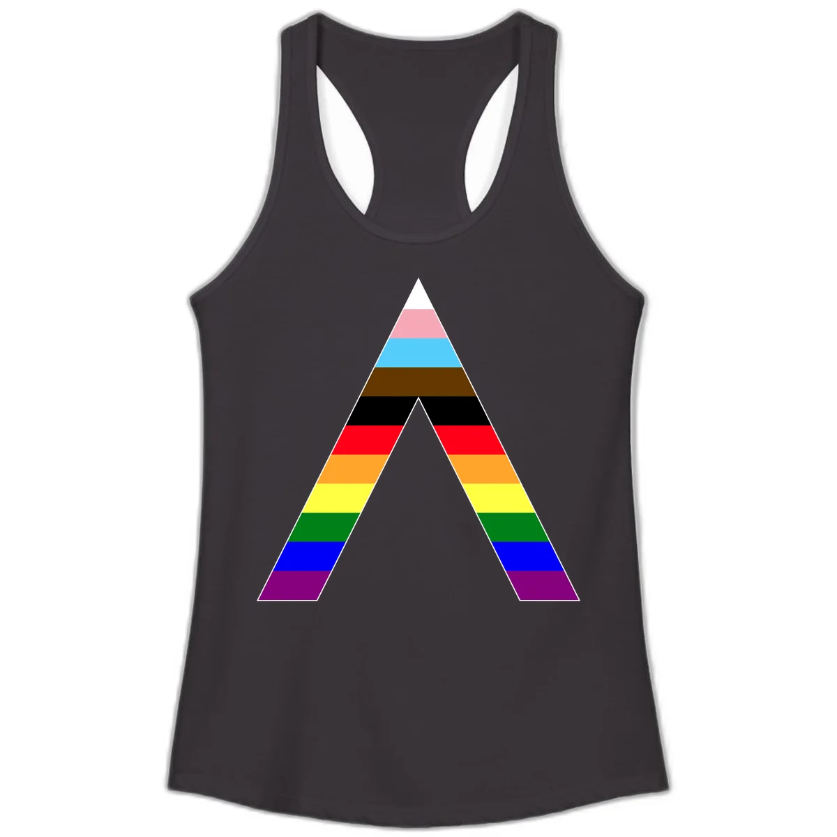 Rainbow pride pyramid with horizontal stripes in traditional pride colors and nested triangle cutout design in Black