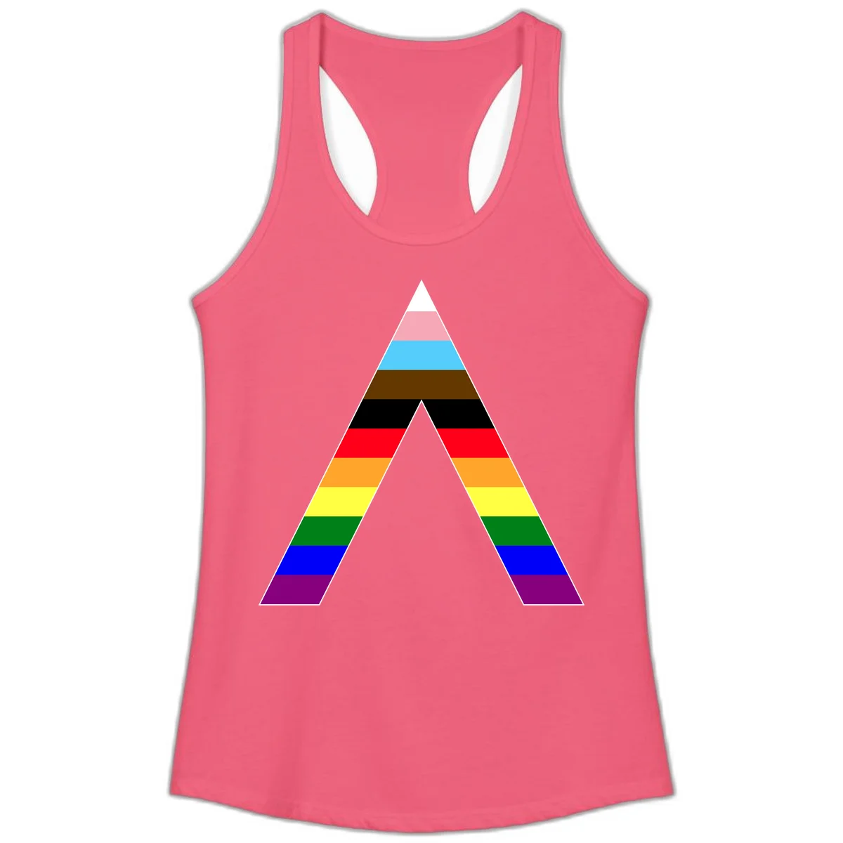 Rainbow pride pyramid with horizontal stripes in traditional pride colors and nested triangle cutout design in Hot Pink