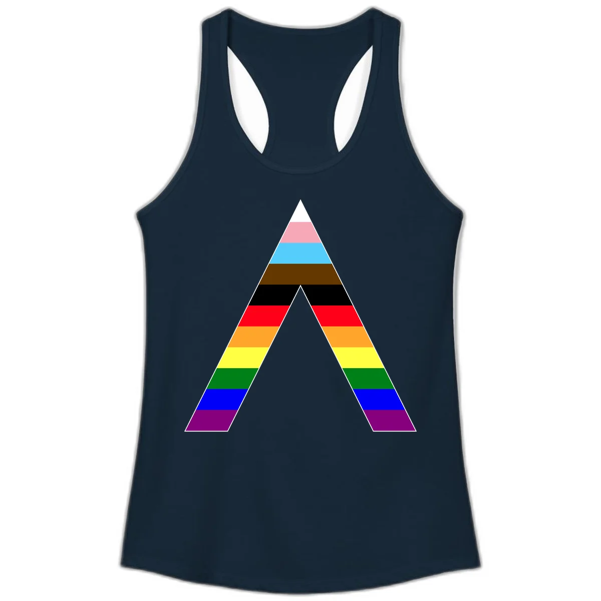 Rainbow pride pyramid with horizontal stripes in traditional pride colors and nested triangle cutout design in Solid Midnight Navy