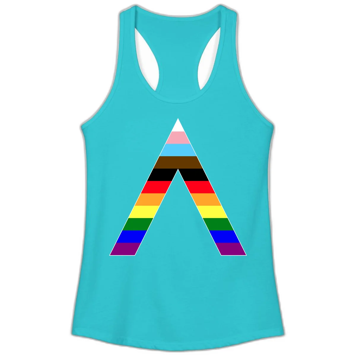 Rainbow pride pyramid with horizontal stripes in traditional pride colors and nested triangle cutout design in Solid Tahiti Blue