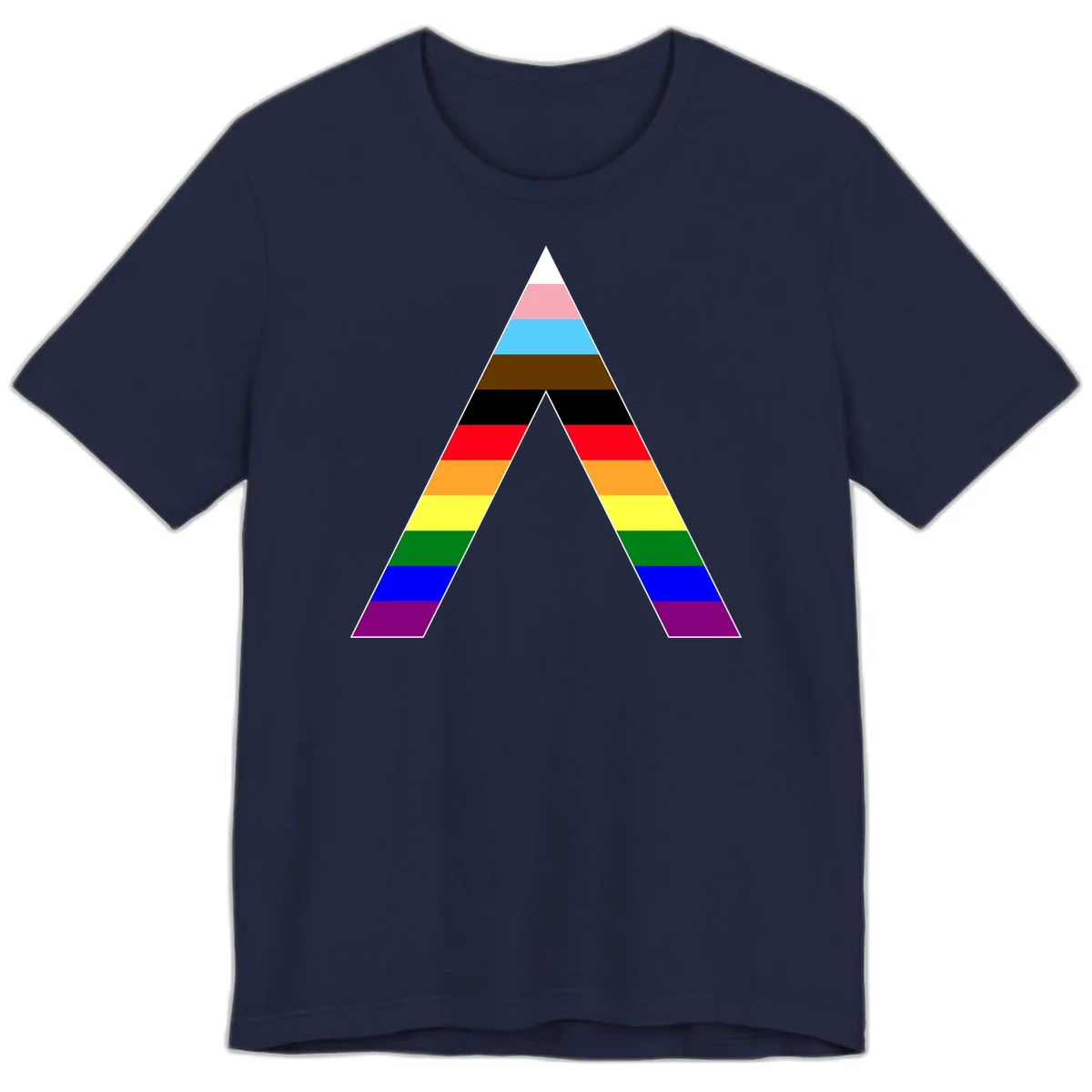 Rainbow pride pyramid with horizontal stripes in traditional pride colors and nested triangle cutout design in Navy
