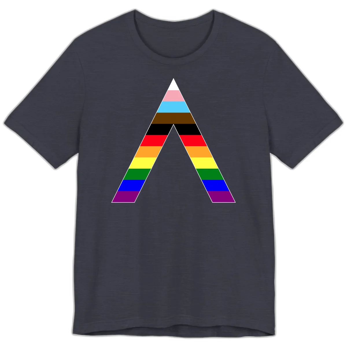 Rainbow pride pyramid with horizontal stripes in traditional pride colors and nested triangle cutout design in Heather Midnight Navy