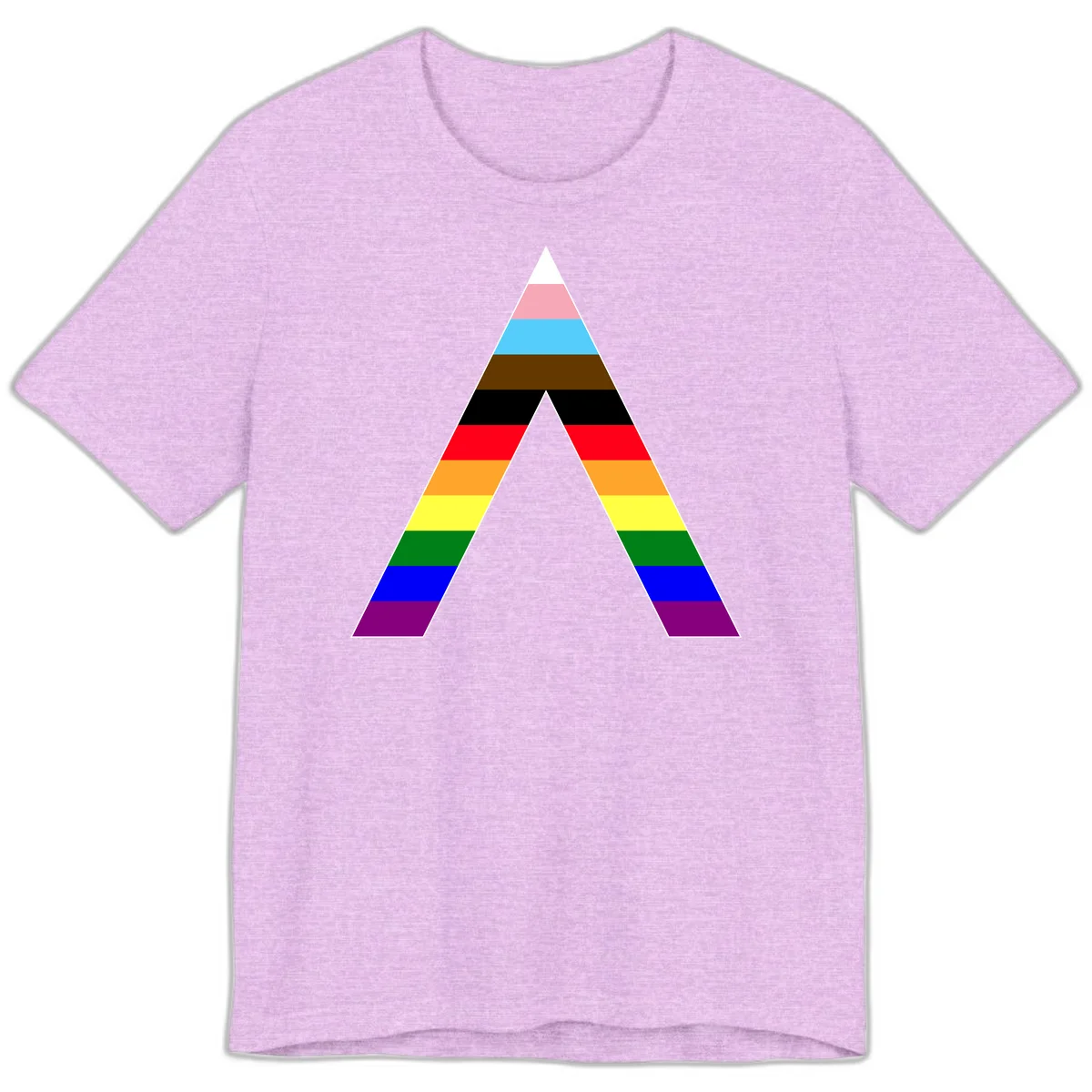 Rainbow pride pyramid with horizontal stripes in traditional pride colors and nested triangle cutout design in Heather Prism Lilac