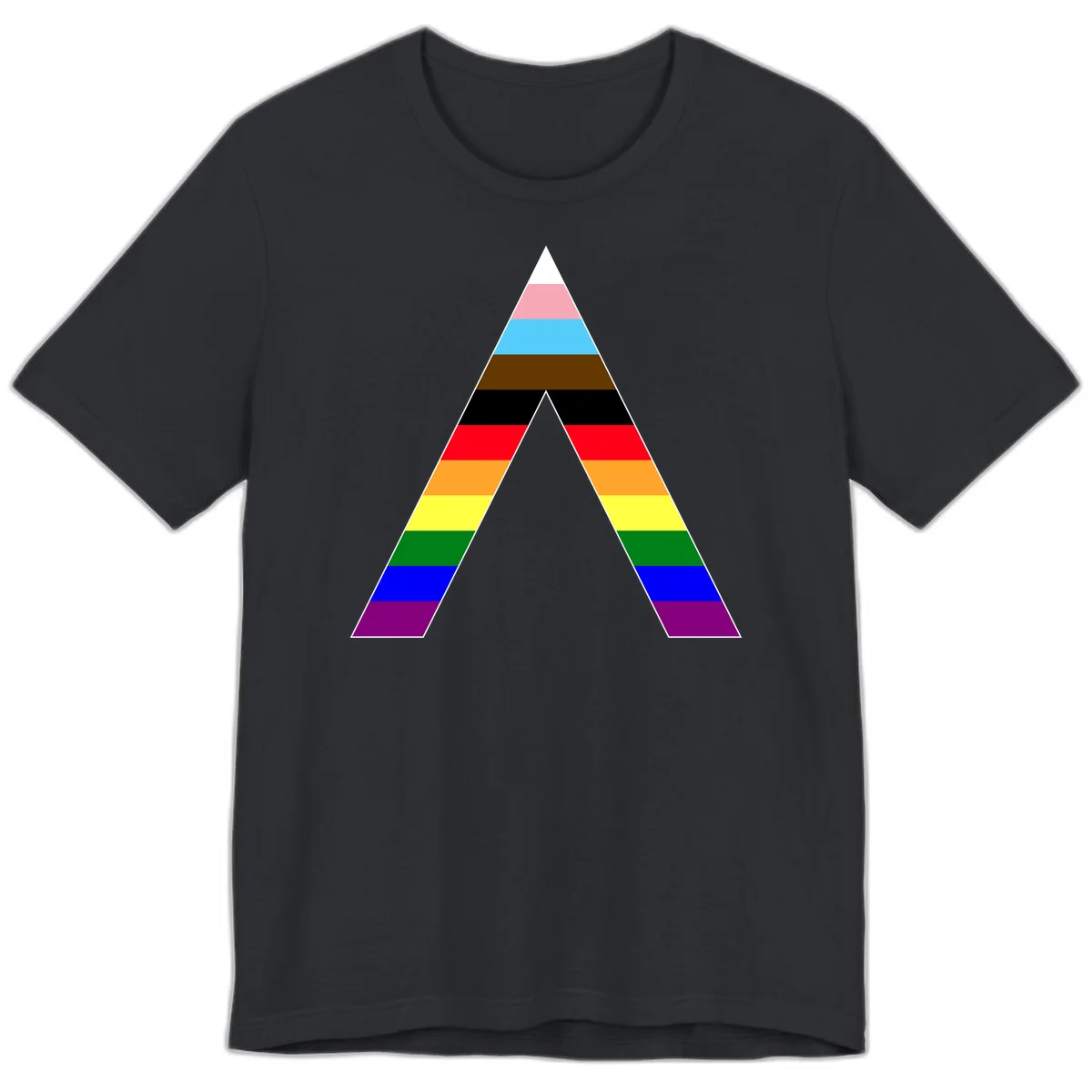 Rainbow pride pyramid with horizontal stripes in traditional pride colors and nested triangle cutout design in Vintage Black