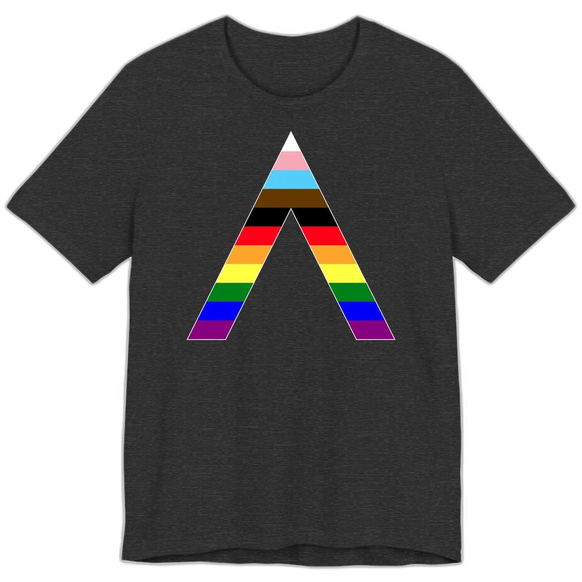 Rainbow pride pyramid with horizontal stripes in traditional pride colors and nested triangle cutout design in Dark Grey Heather
