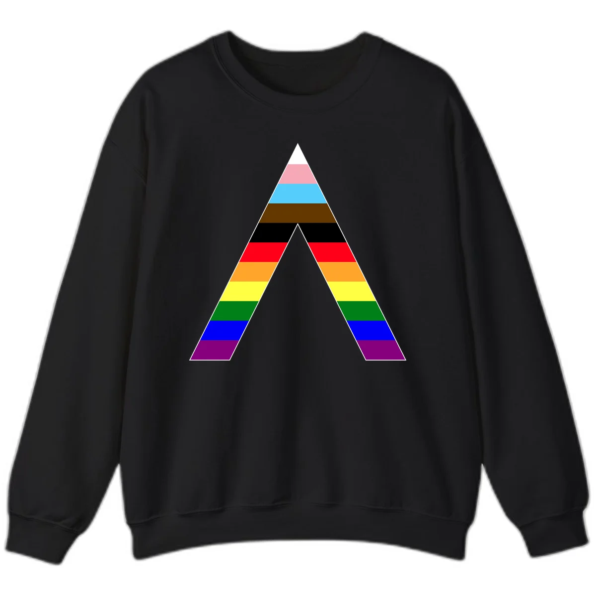 Rainbow pride pyramid with horizontal stripes in traditional pride colors and nested triangle cutout design in Black