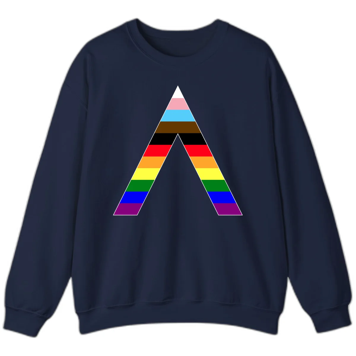 Rainbow pride pyramid with horizontal stripes in traditional pride colors and nested triangle cutout design in Navy