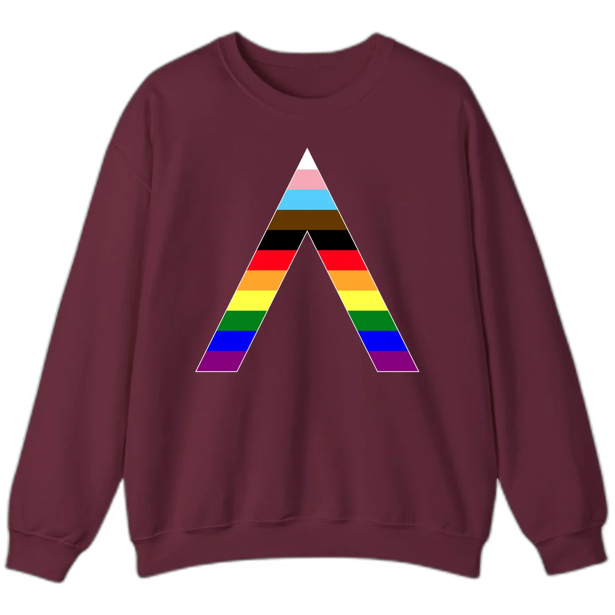 Rainbow pride pyramid with horizontal stripes in traditional pride colors and nested triangle cutout design in Maroon