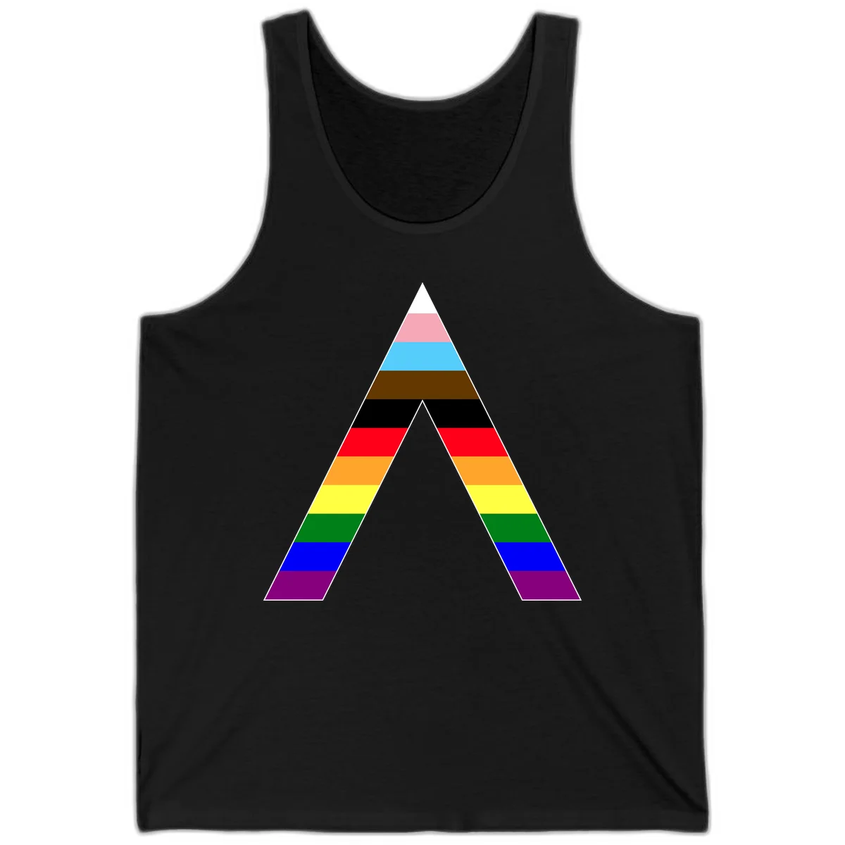 Rainbow pride pyramid with horizontal stripes in traditional pride colors and nested triangle cutout design in Black