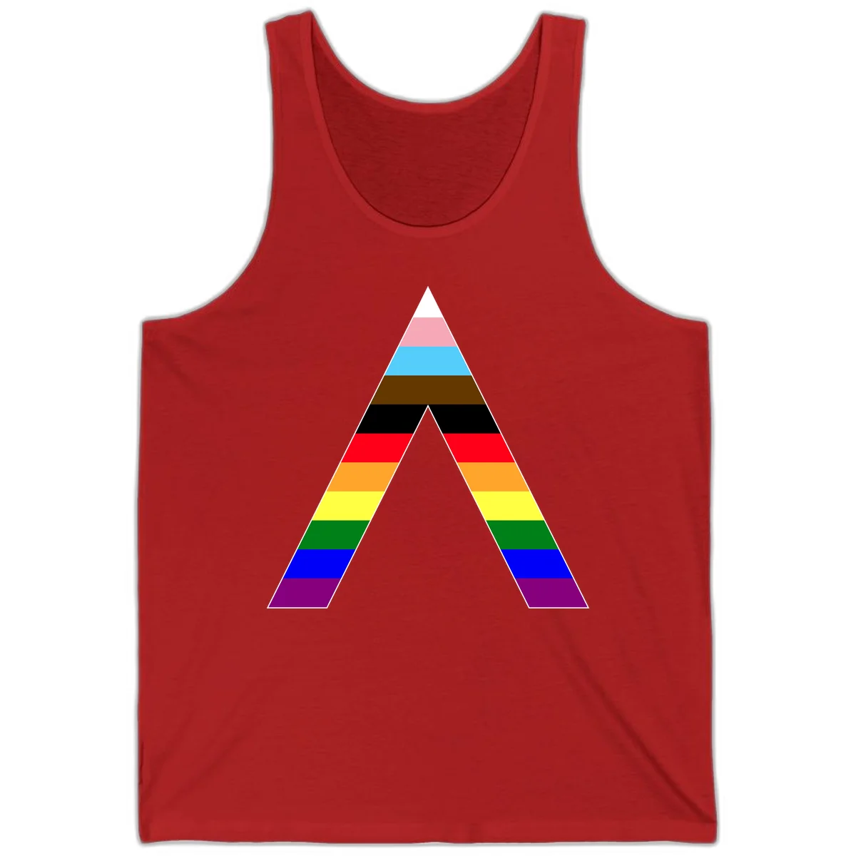 Rainbow pride pyramid with horizontal stripes in traditional pride colors and nested triangle cutout design in Red
