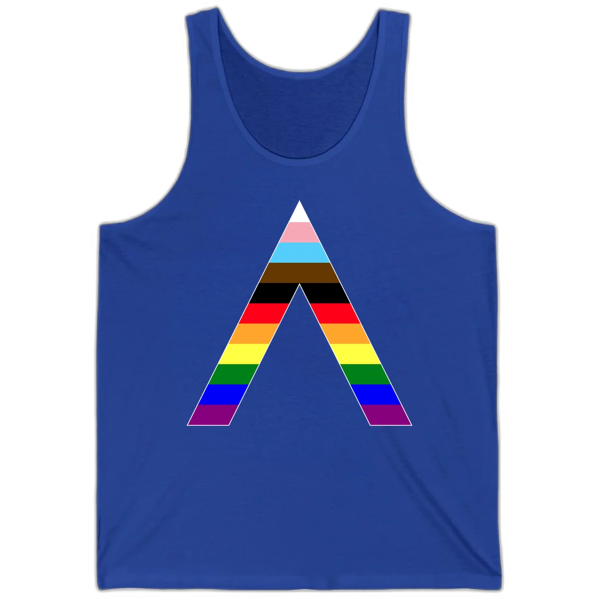 Rainbow pride pyramid with horizontal stripes in traditional pride colors and nested triangle cutout design in True Royal