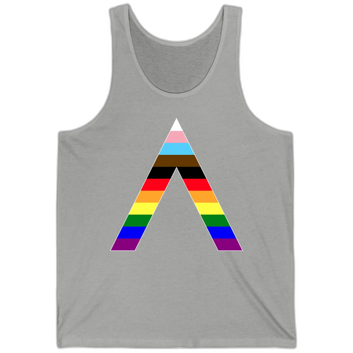 Rainbow pride pyramid with horizontal stripes in traditional pride colors and nested triangle cutout design in Athletic Heather