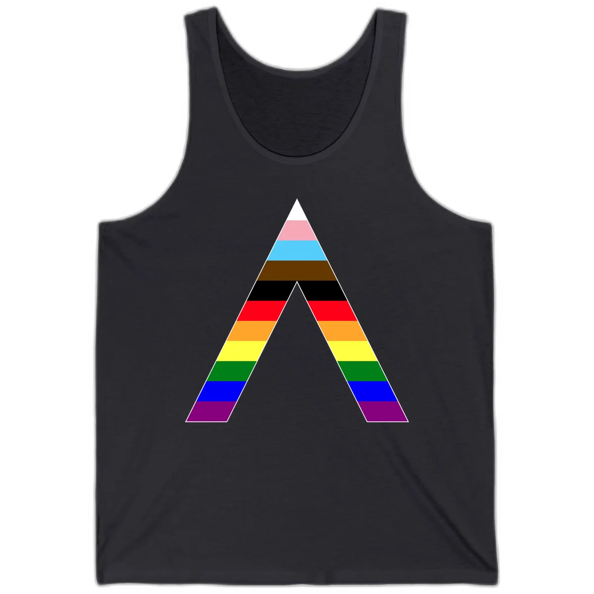 Rainbow pride pyramid with horizontal stripes in traditional pride colors and nested triangle cutout design in Dark Grey