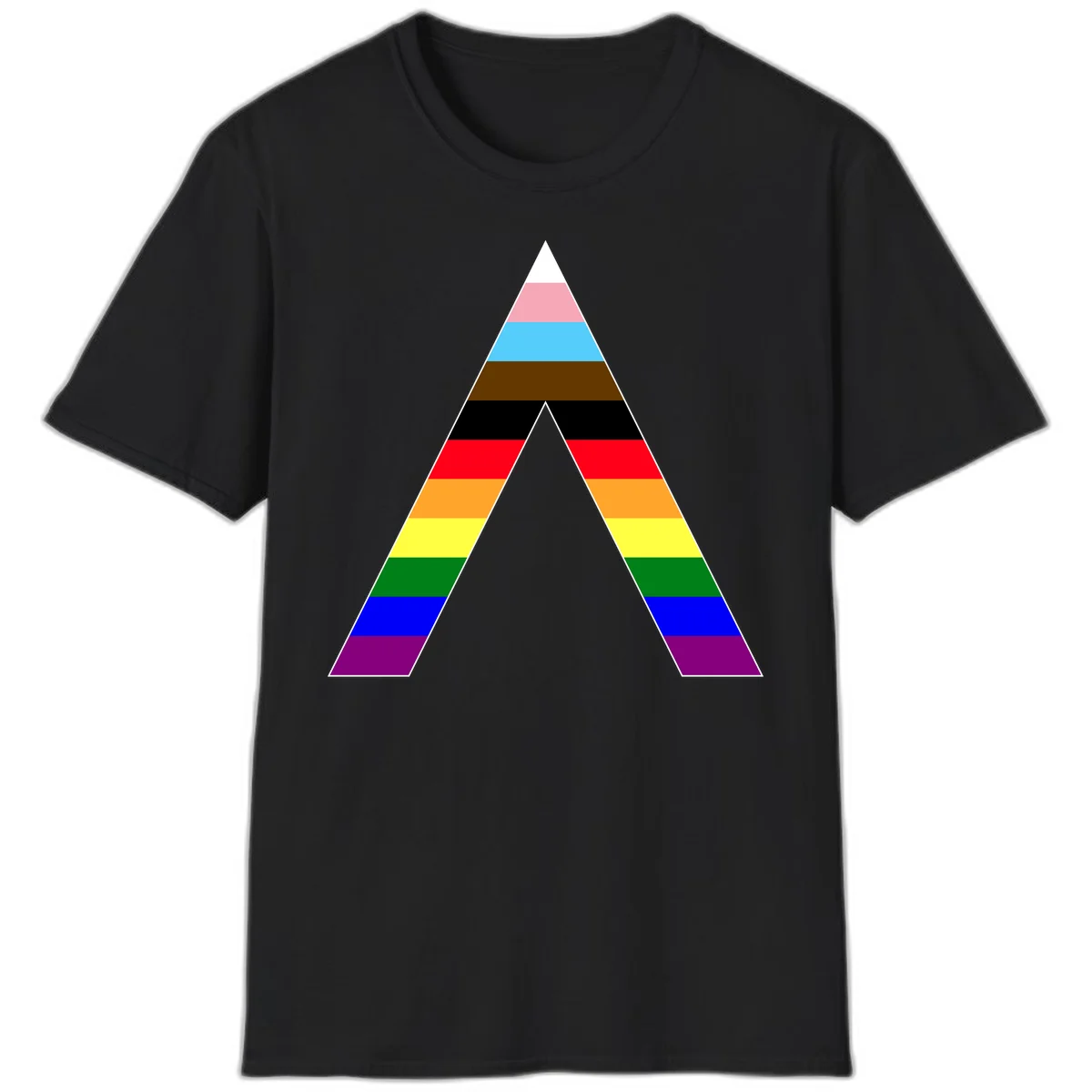 Rainbow pride pyramid with horizontal stripes in traditional pride colors and nested triangle cutout design in Black