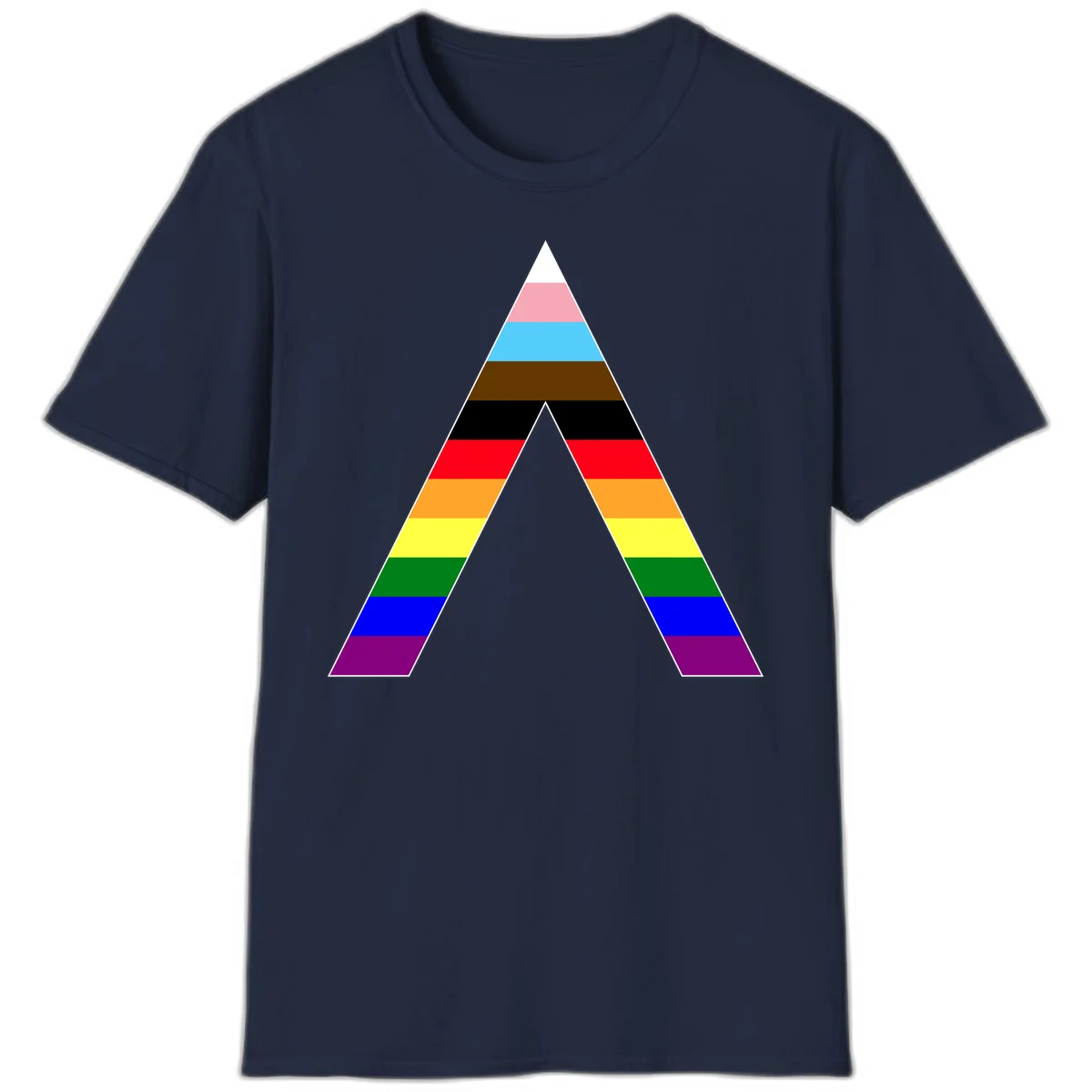 Rainbow pride pyramid with horizontal stripes in traditional pride colors and nested triangle cutout design in Navy
